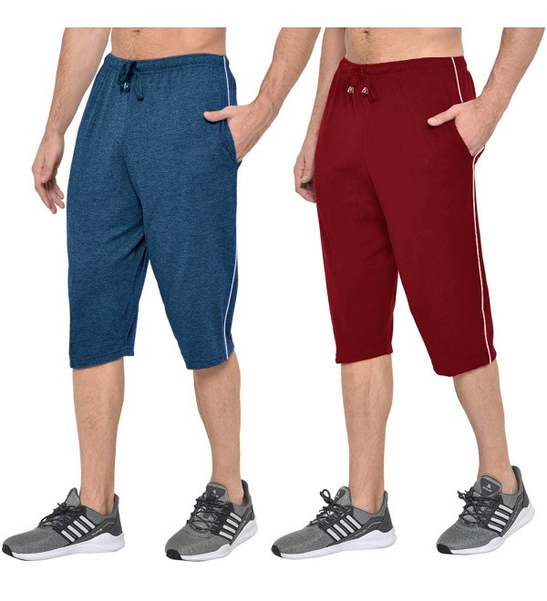 Stylcozy Men's Cotton Denim Blue & Maroon Color Three by Fourth, 3/4, Capri, Three Quarter Pant 