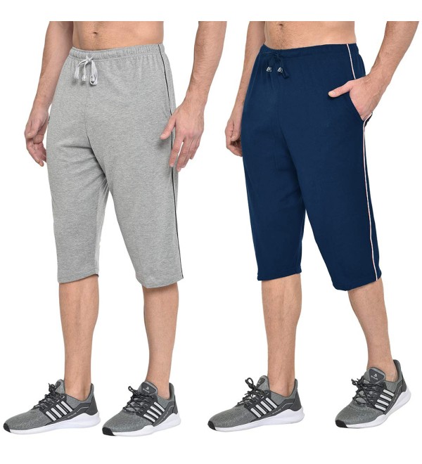 Stylcozy Men's Cotton Light Grey & Navy Blue Color Three by Fourth, 3/4, Capri, Three Quarter Pant 