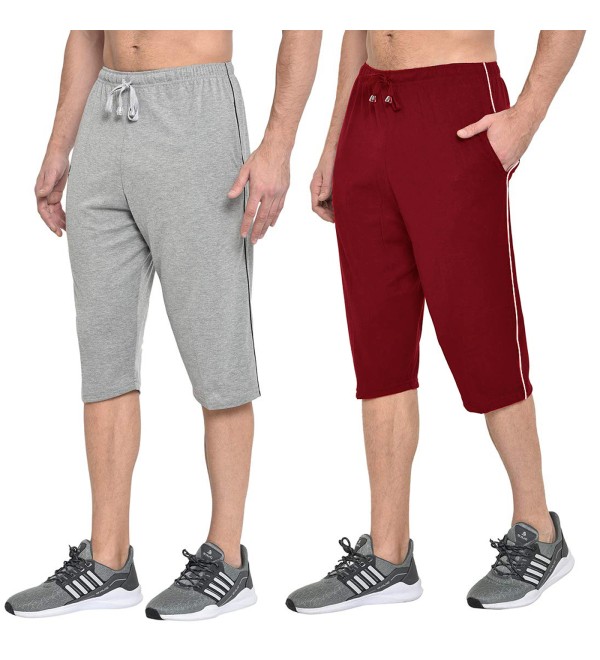 Stylcozy Men's Cotton Light Grey & Maroon Color Three by Fourth, 3/4, Capri, Three Quarter Pant 