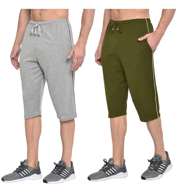 Stylcozy Men's Cotton Light Grey & Olive Color Three by Fourth, 3/4, Capri, Three Quarter Pant 