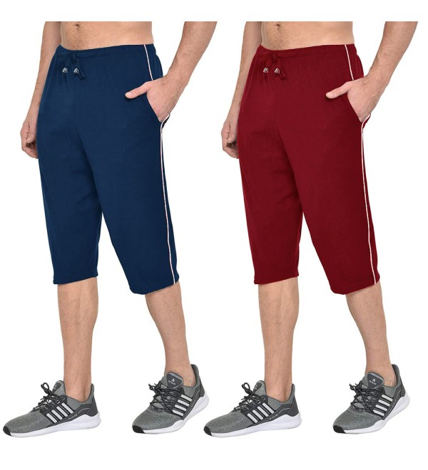 Stylcozy Men's Cotton Navy Blue & Maroon Color Three by Fourth, 3/4, Capri, Three Quarter Pant 