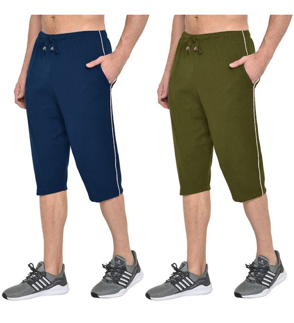 Stylcozy Men's Cotton Navy Blue & Olive Color Three by Fourth, 3/4, Capri, Three Quarter Pant 