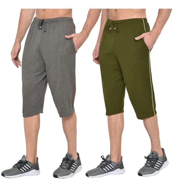 Stylcozy Men's Cotton Dark Grey & Olive Color Three by Fourth, 3/4, Capri, Three Quarter Pant 