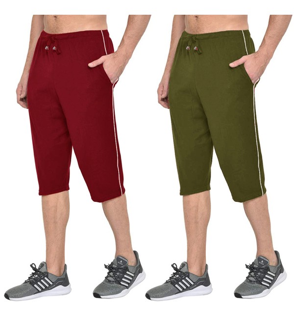 Stylcozy Men's Cotton Maroon & Olive Color Three by Fourth, 3/4, Capri, Three Quarter Pant 